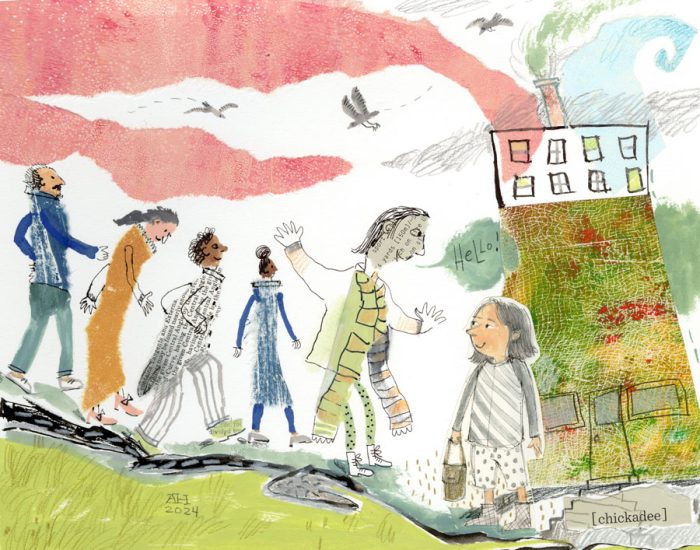 Illustration, 4 people walking down a sidewalk