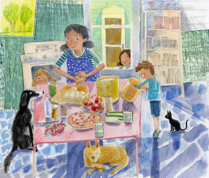 llustration, children and dogs watching woman cook