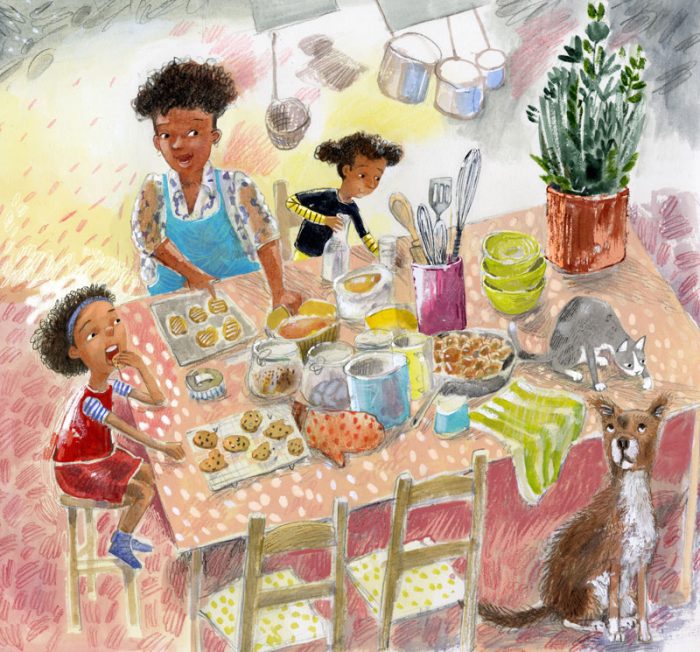 Woman making cookies with kids.