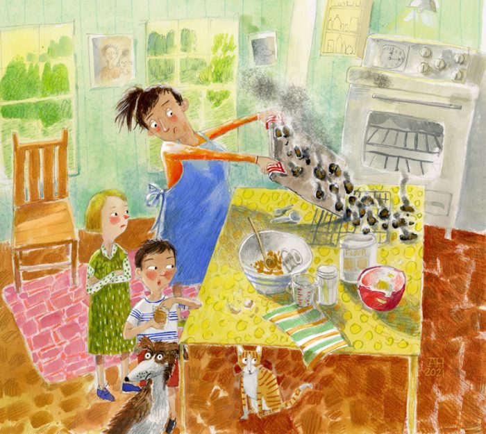 Woman with kids throwing out pan of burnt cookies