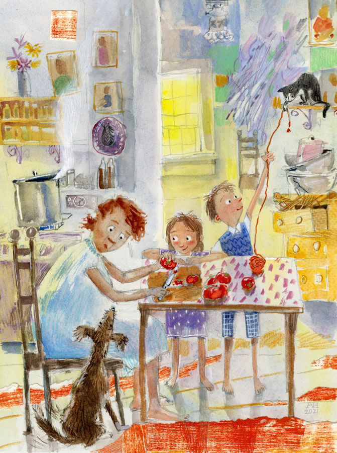 Woman at table fixing a meal with distracted kids