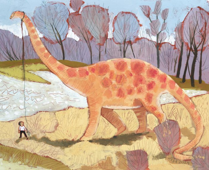 Illustration, tiny child walking huge dino on a leash