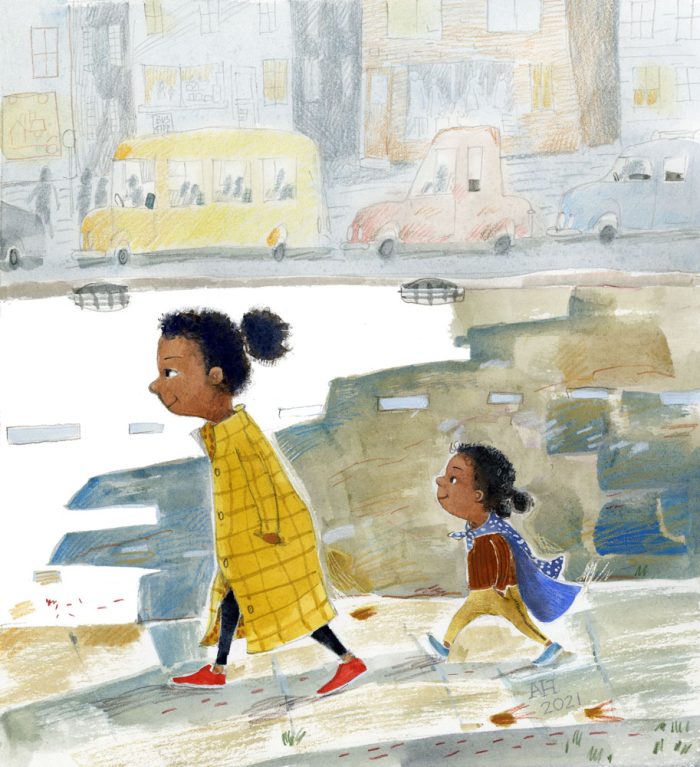 Illustration, big and little sisters walking down the street