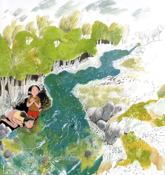 Illustration #1 of a series of kids by a river or creek