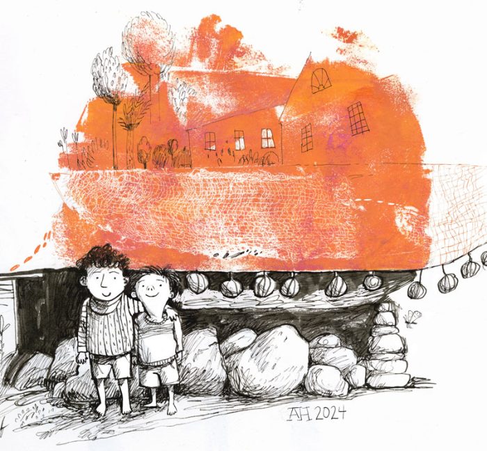 Illustration, two boys side by side, one with arm around the other.