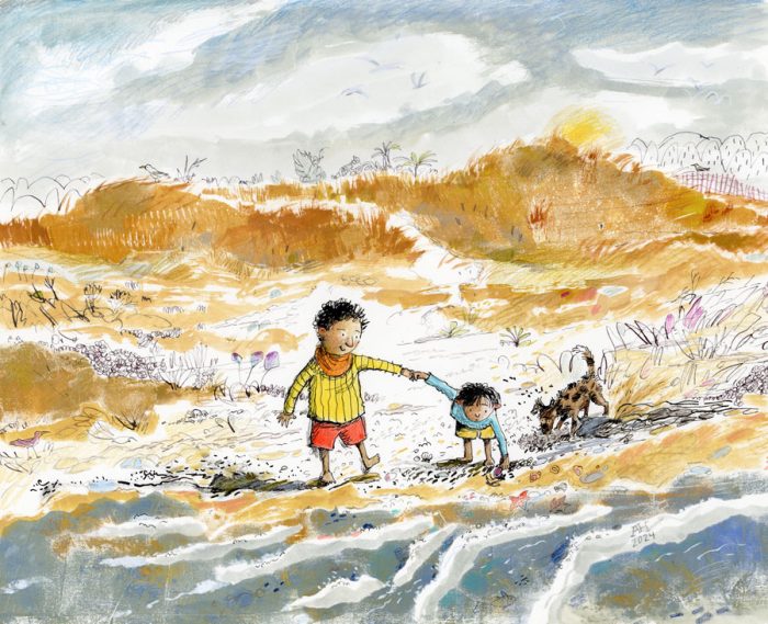 Illustration, two kids at the shoreline