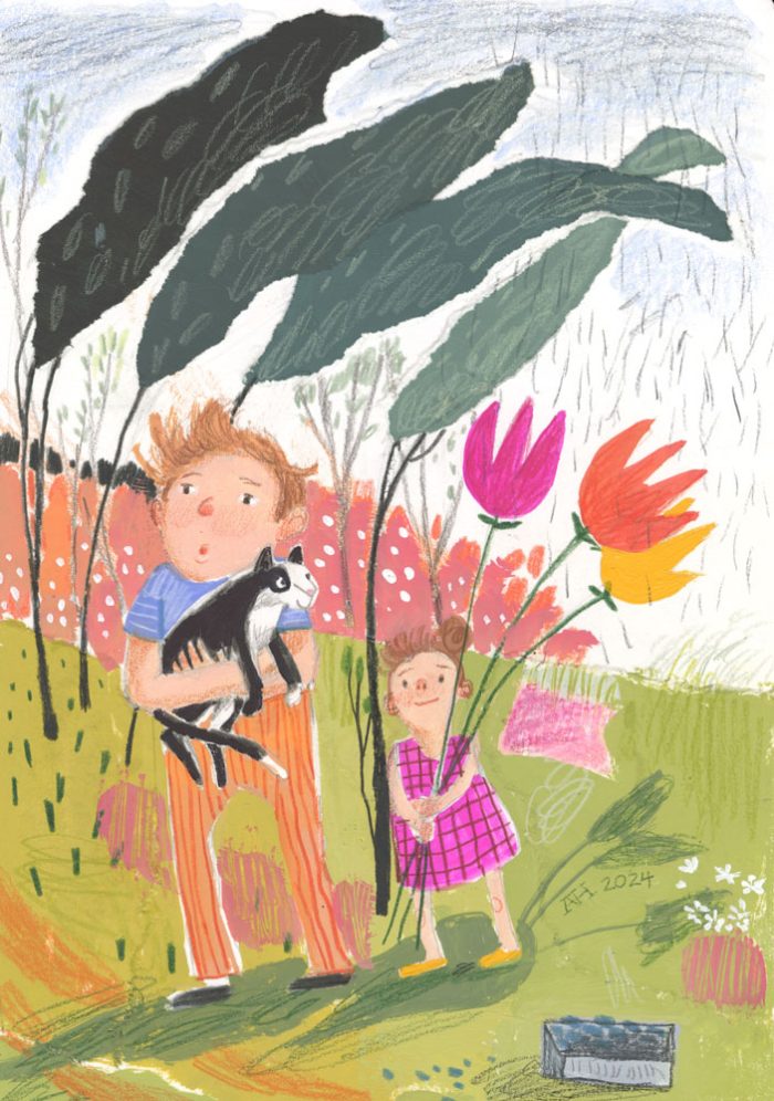 Illustration, child holding huge flowers and child holding cat