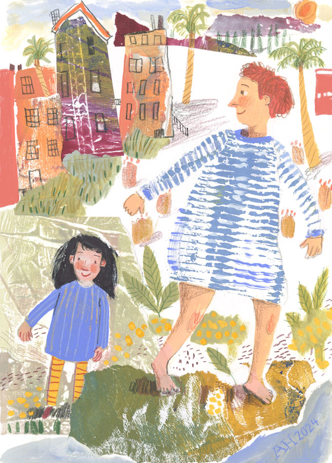 Illustration, Mother and daughter in a park