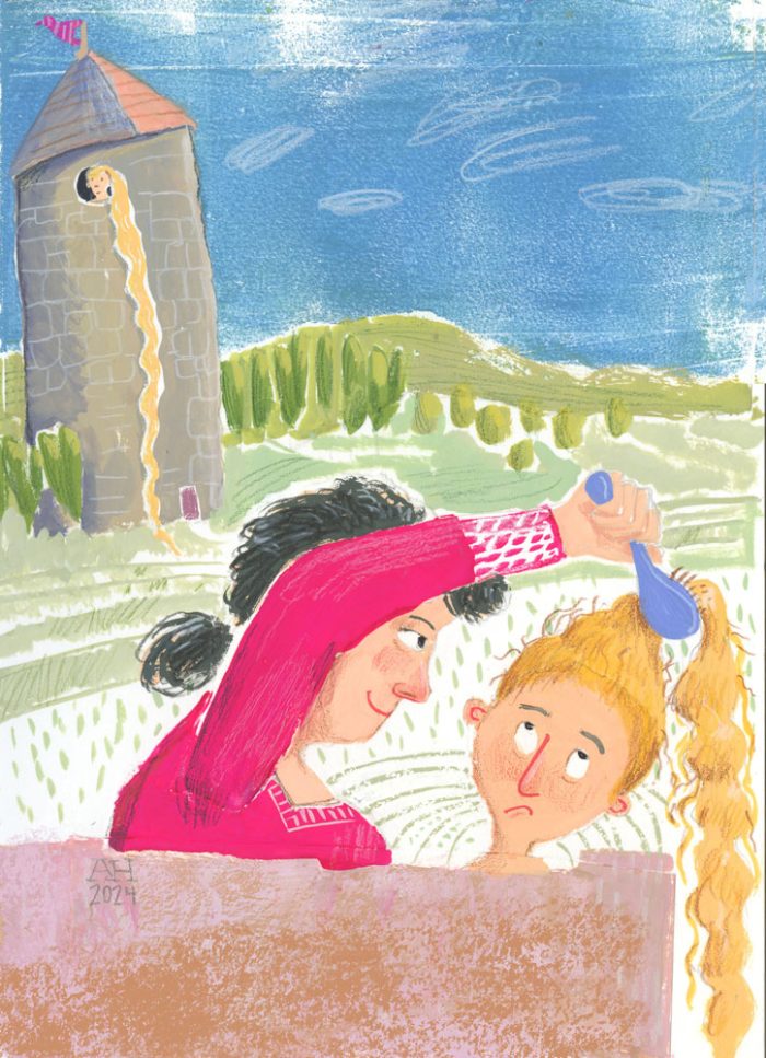 Illustration of a woman brushing Rapunzel's hair