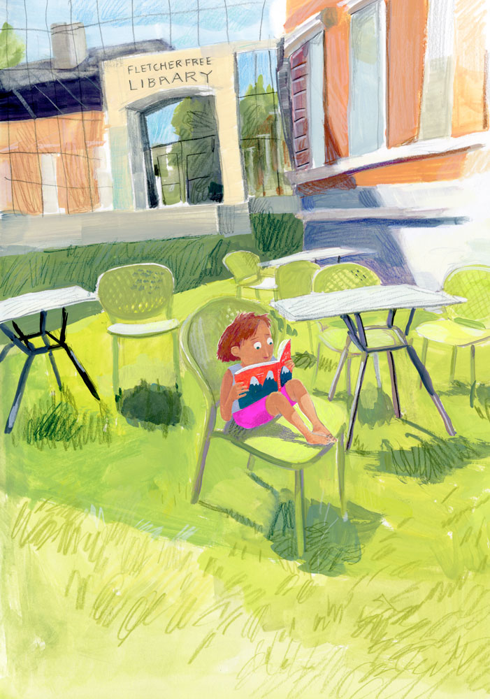 Illustration, girl reading outside of a library