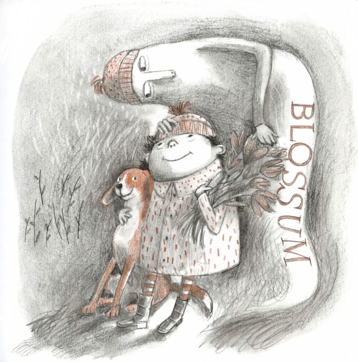 Illustration, child, dog and ghosty-monster with flowers.