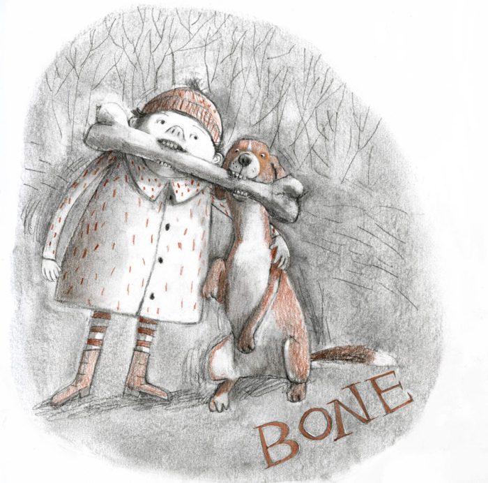 Illustration, child and dog are biting a bone together.