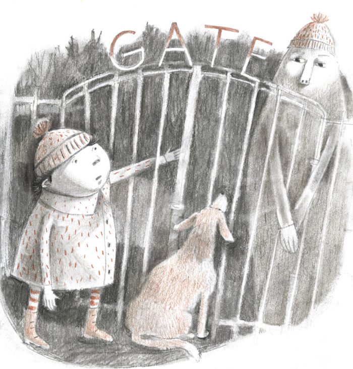 Illustration, child and dog see ghosty monster behind a gate