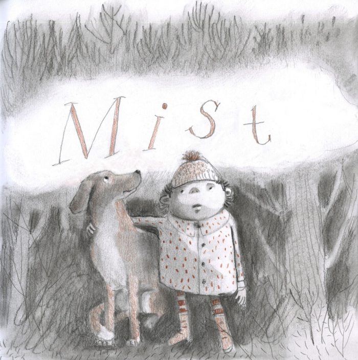 Illustration, child and dog in misty woods