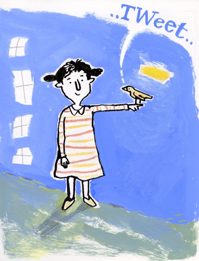 Illustration, girl standing with a bird perched on her finger