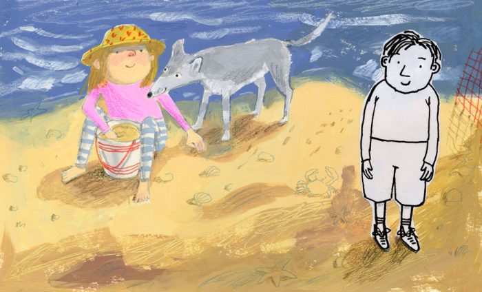 Illustration, kids at beach with dog