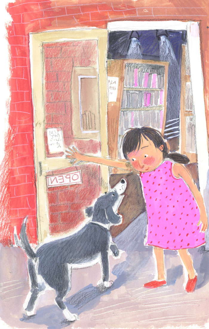 Illustration, girl letting dog into bookstore