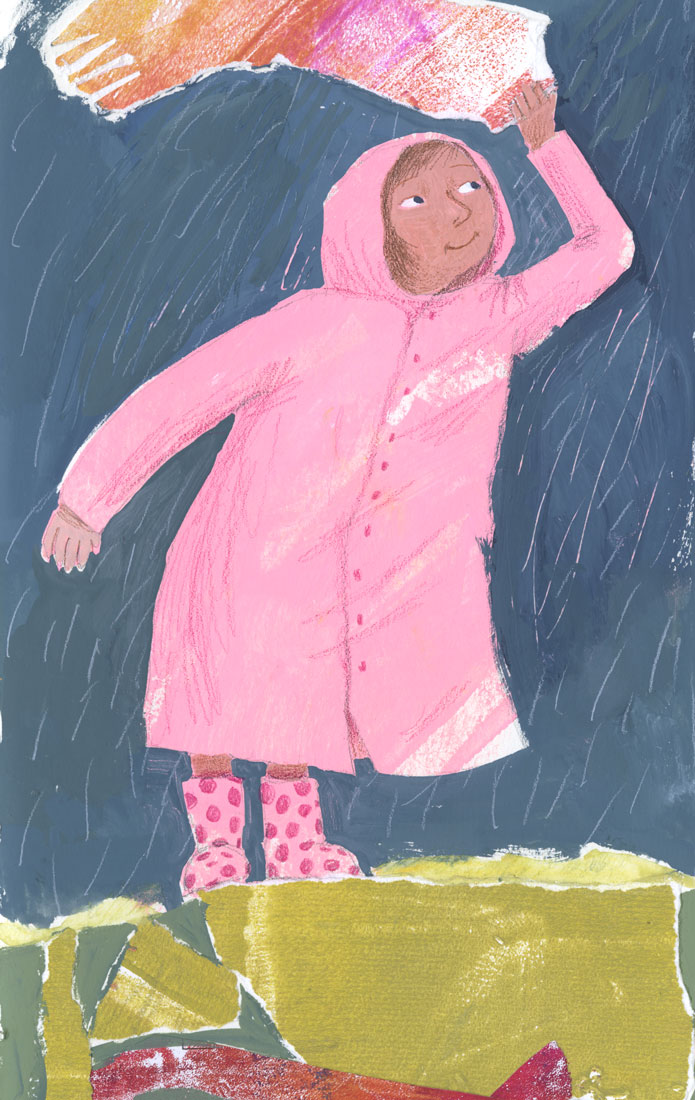 Illustration, child in pink coat standing in the rain