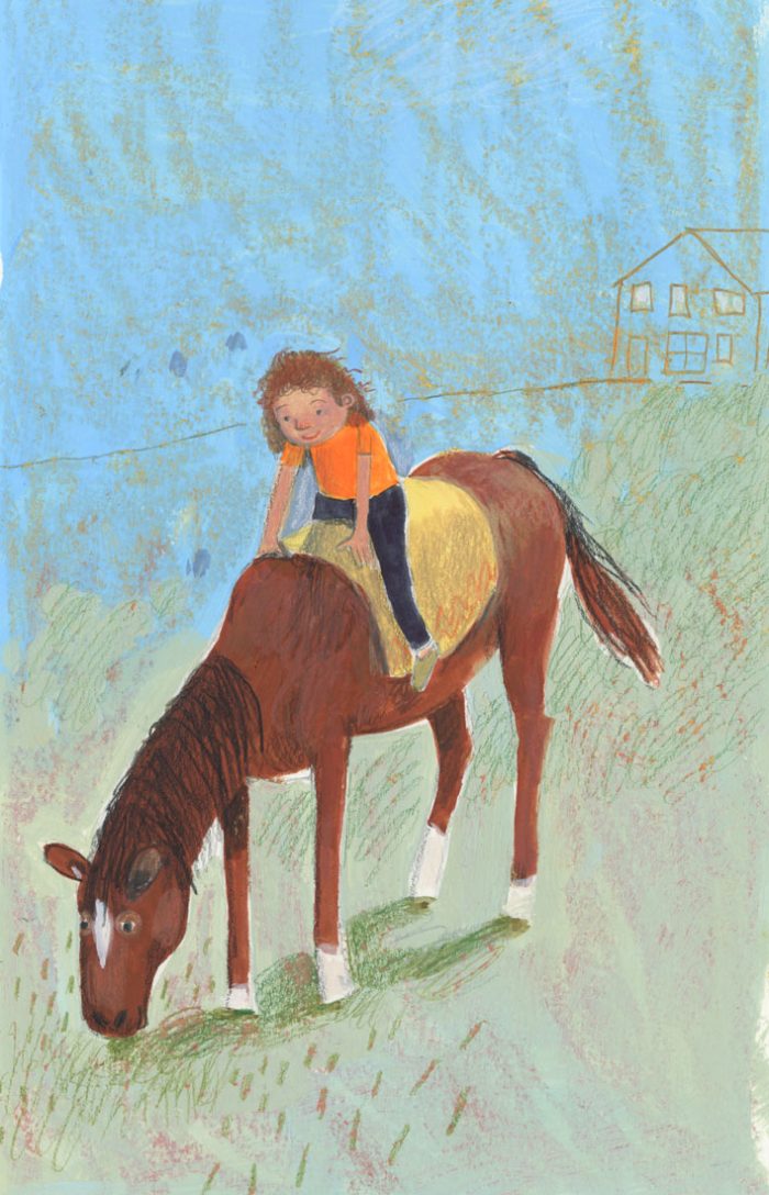 Illustration, child sitting on horse who is eating