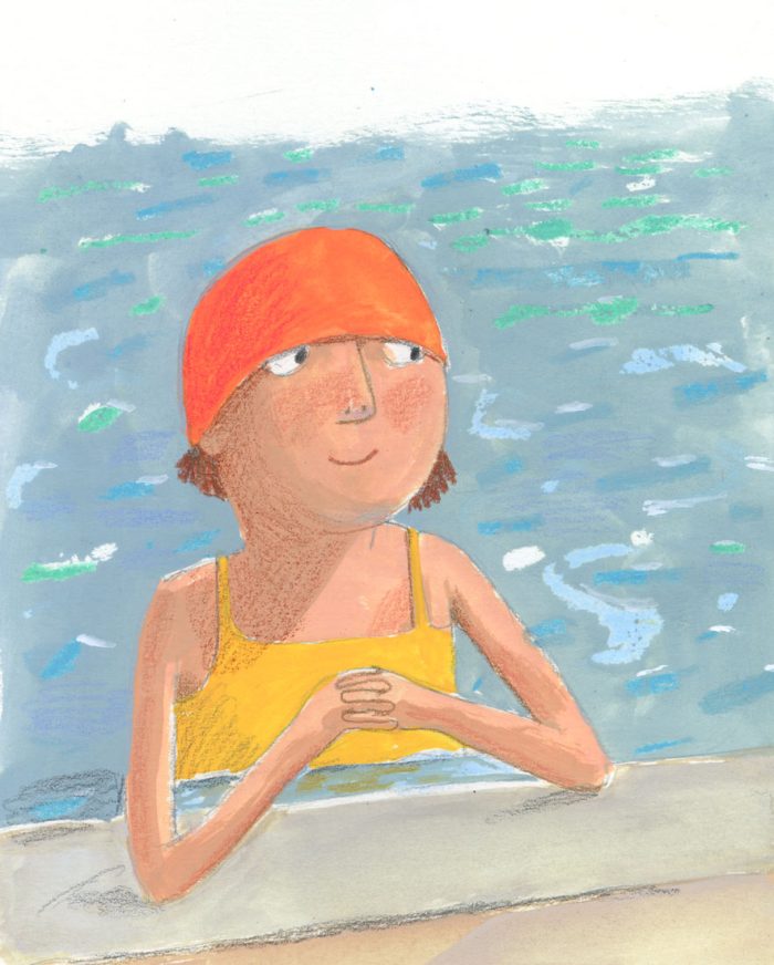 Illustration of a young girl swimming in a pool.