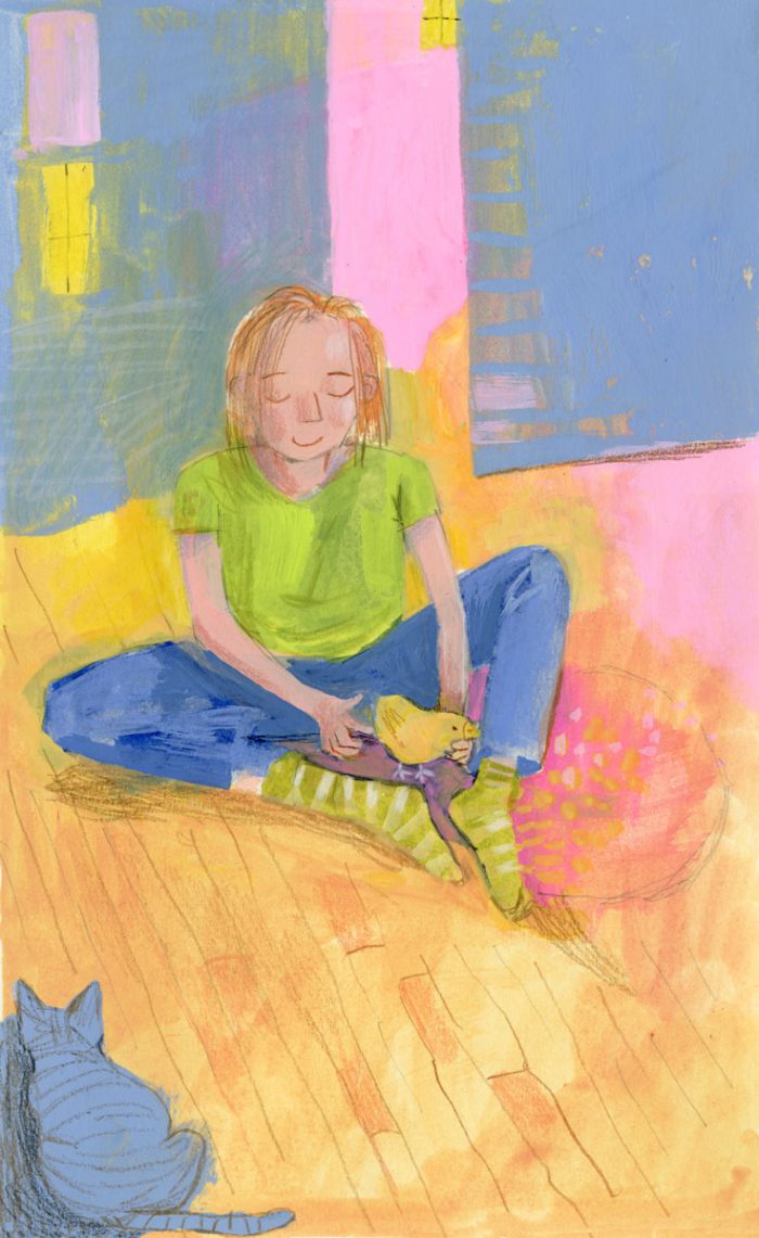 Illustration of boy holding chick