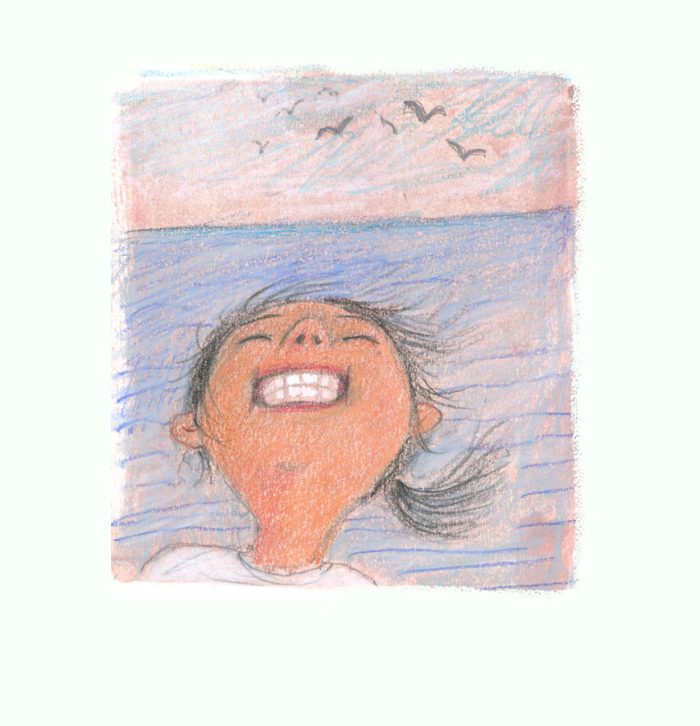Children's illustation of child smiling at birds over the sea