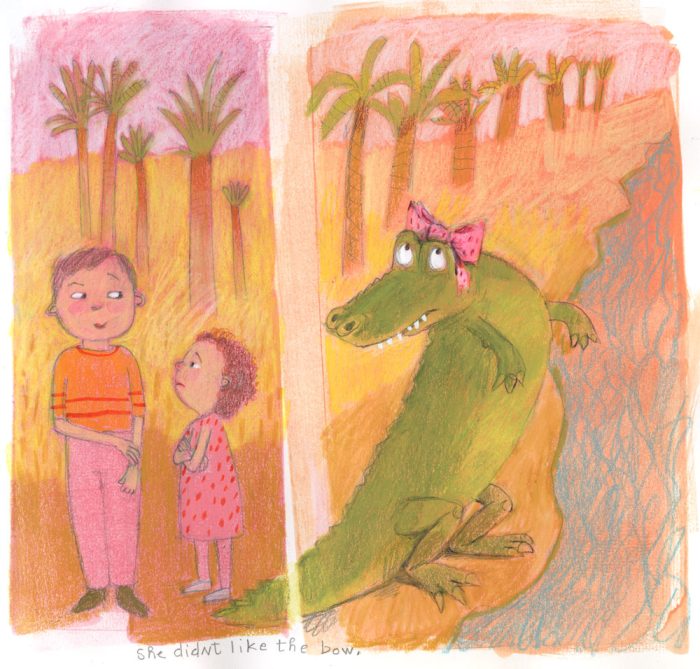 Children's illustration, two children looking at a gator