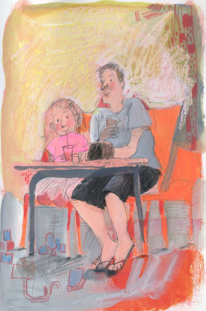 Father and daughter eating pizza - illustration