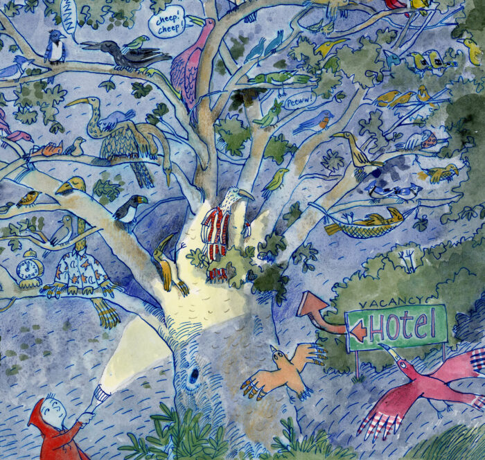 Illustration, birds asleep in a tree "hotel. cropped.