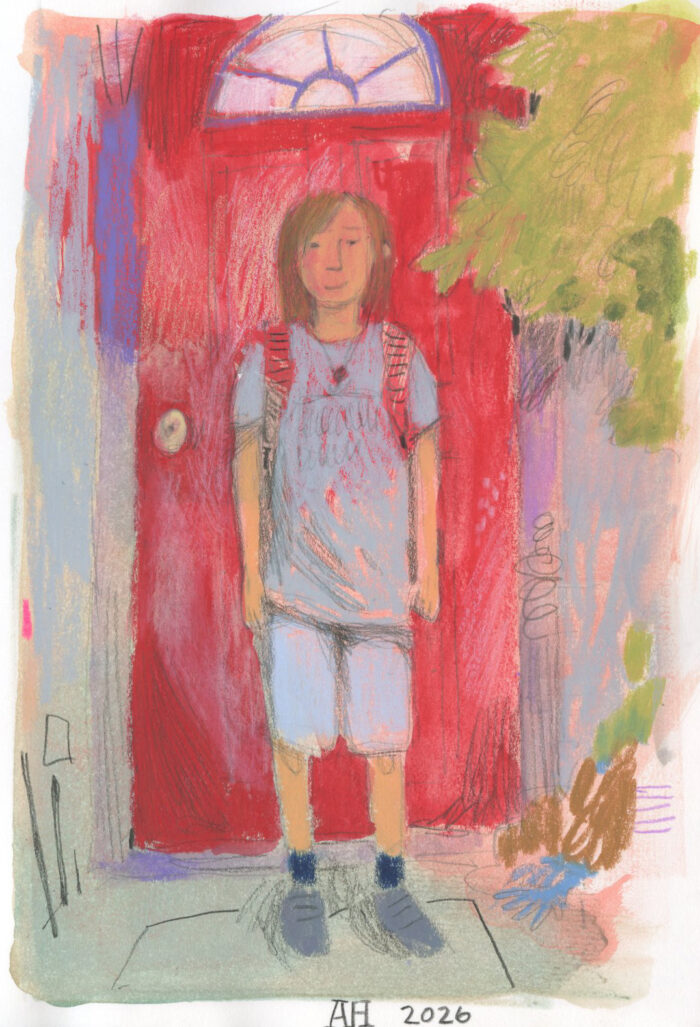 Illustration.Boy standing in front of front door